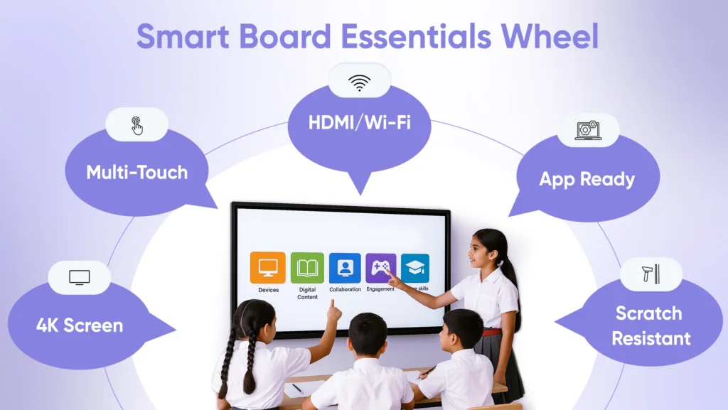 Smart board features wheel highlighting multi-touch, 4K display, HDMI/Wi-Fi, app ready, and scratch resistant design