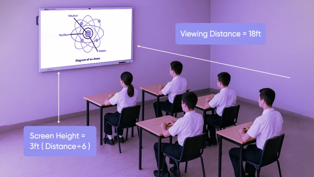 Classroom layout showing viewing distance and screen height rule for choosing the best interactive panel size.