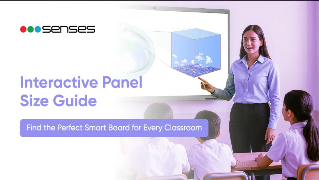 Teacher using an interactive panel size guide smart board for classroom learning by Senses Electronics.