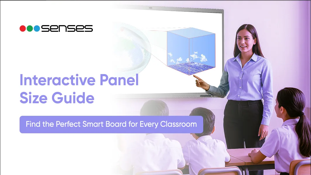 Teacher using an interactive panel size guide smart board for classroom learning by Senses Electronics.
